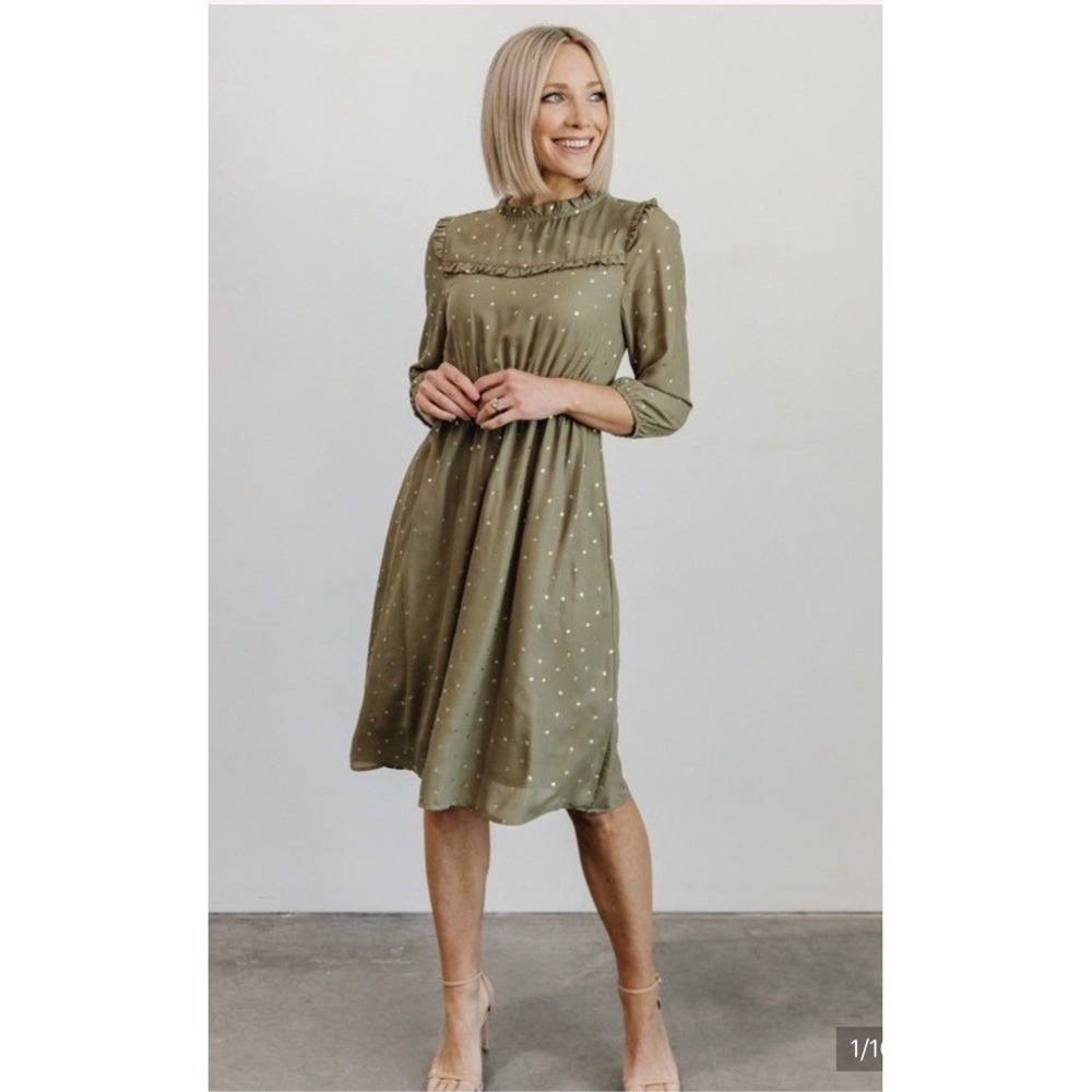 Baltic Born Nixon Pintuck Ruffle Midi Dress Green Gold size Large NWT Holiday